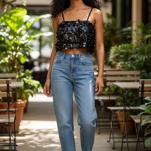 Y2K No Boundries Black Sequin Camisole Crop Tank Top Festival  Baddies  Party L